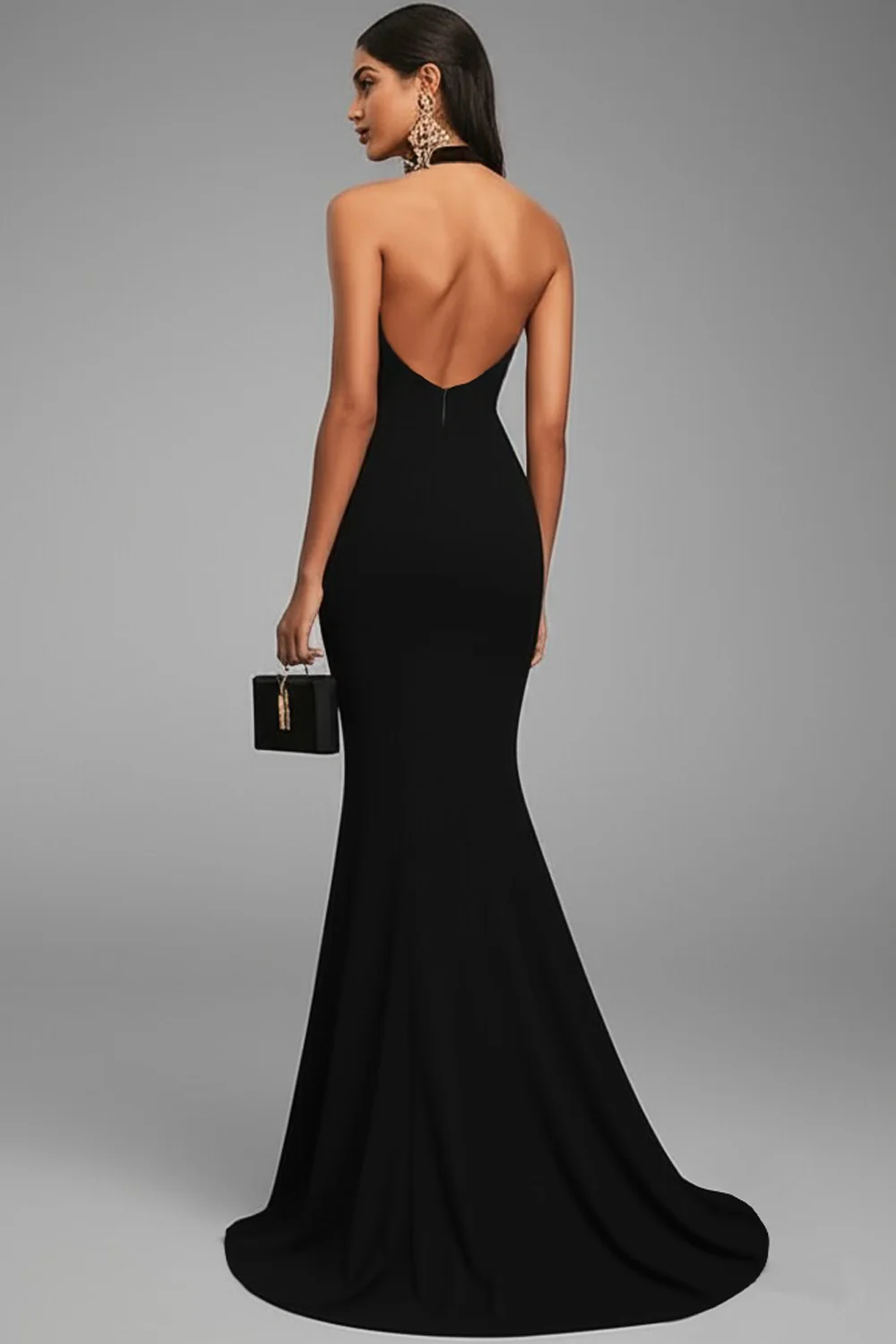 Black Mermaid Halter Neck Long Satin Formal Dress with Slit - VNBITS