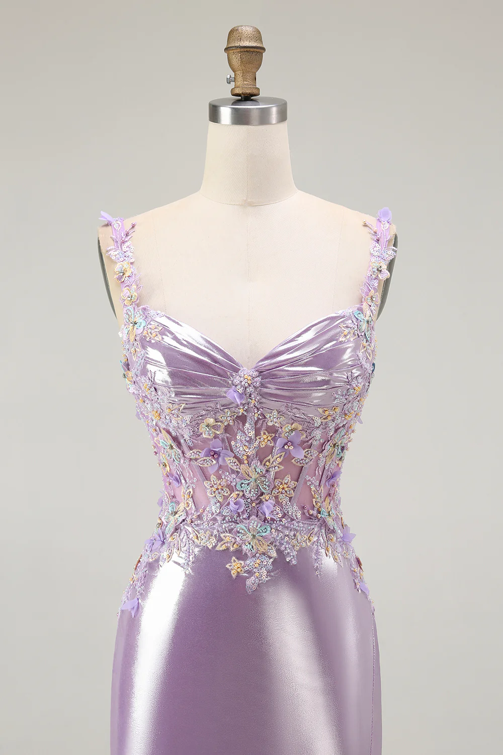 Sparkly Lilac Mermaid Floral Long Prom Dress with Slit - VNBITS