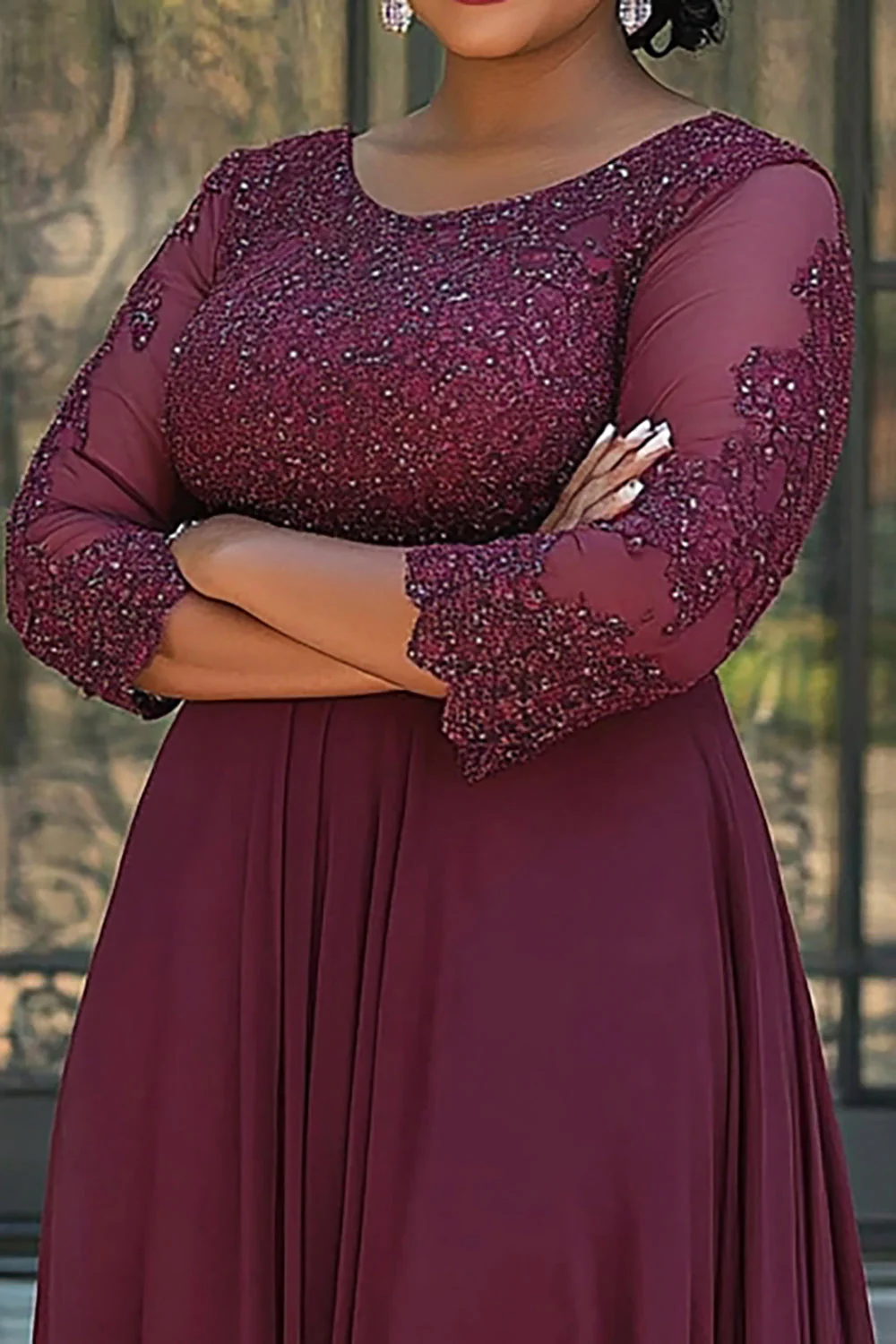 A Line Burgundy Chiffon Long Plus Size Mother of the Bride Dress - VNBITS