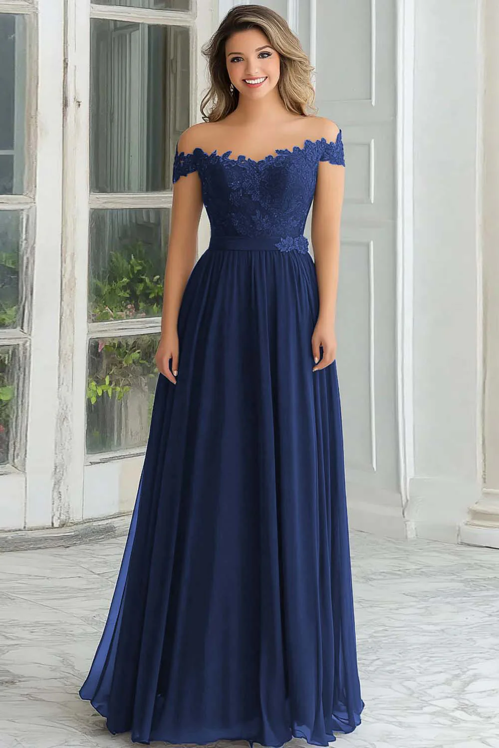 Elegant A-Line Navy Off the Shoulder Chiffon Long Mother Of the Bride Dress with Lace Appliques - VNBITS