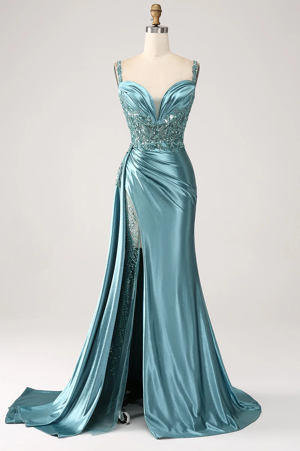 Blue Mermaid V-Neck Satin Long Appliques Sequin Prom Dress With Slit - VNBITS