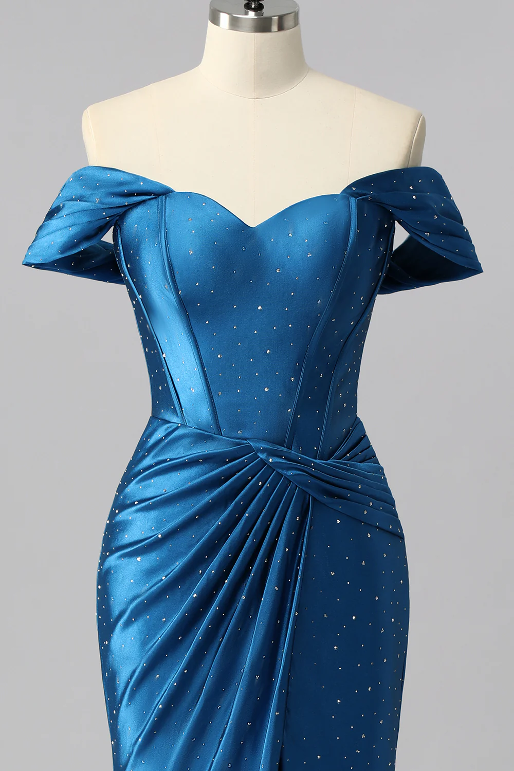 Sparkly Dark Blue Off the Shoulder Satin Mermaid Long Corset Prom Dress with Beading - VNBITS