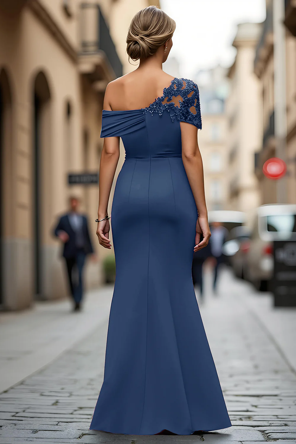 Black One Shoulder Sheath Long Mother of the Bride Dress with Appliques - VNBITS