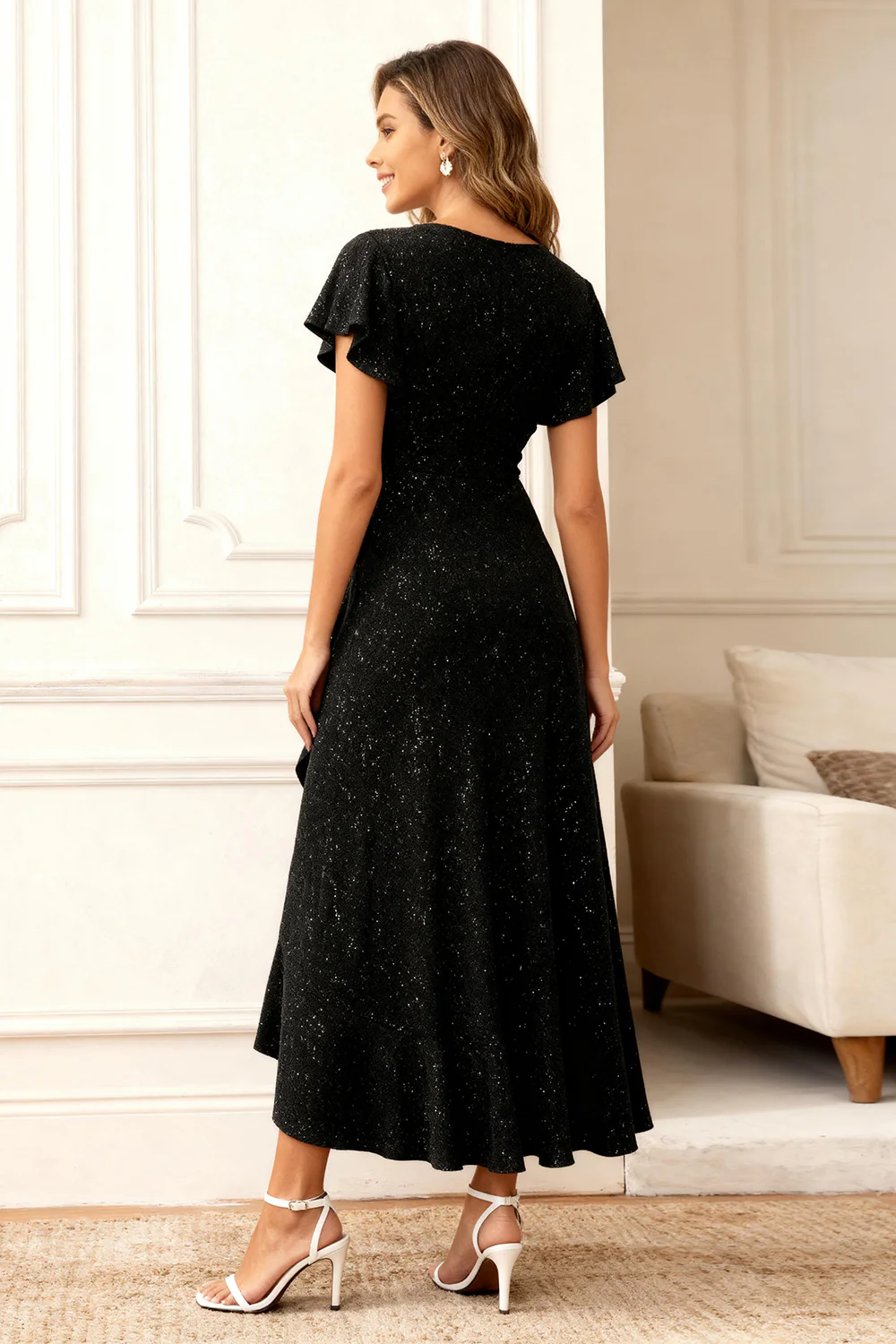 Black Round Neck Midi Glitter Holiday Party Dress with Sleeves - VNBITS