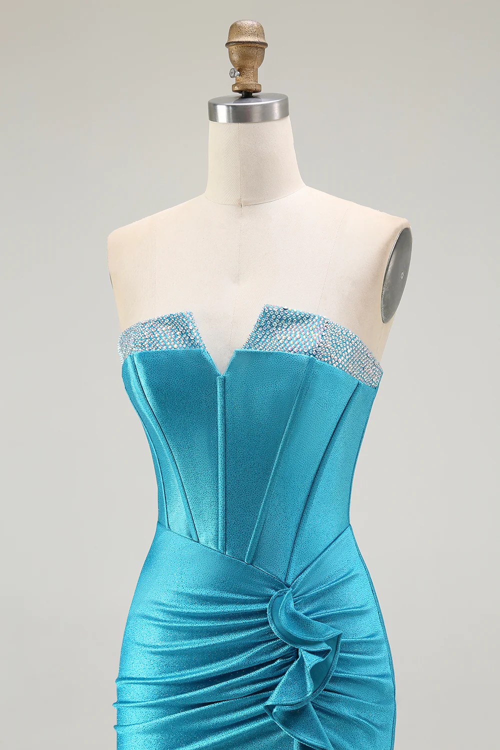 Sparkly Blue Strapless Corset Mermaid Long Prom Dress with Ruffles - VNBITS