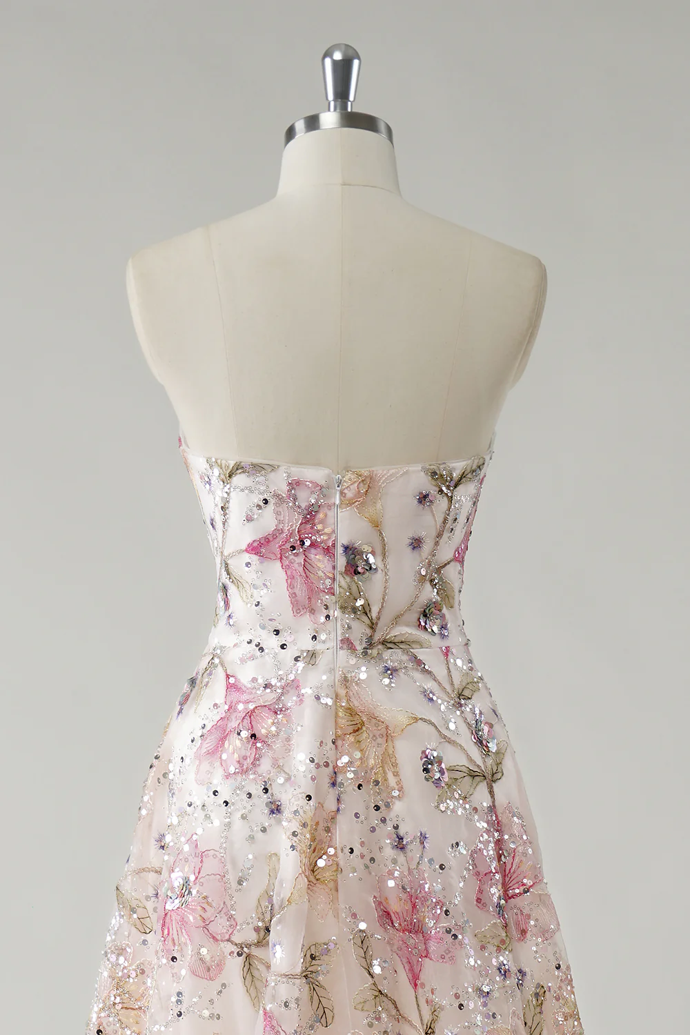 Sparkly Pink Floral A Line Strapless Long Prom Dress - VNBITS