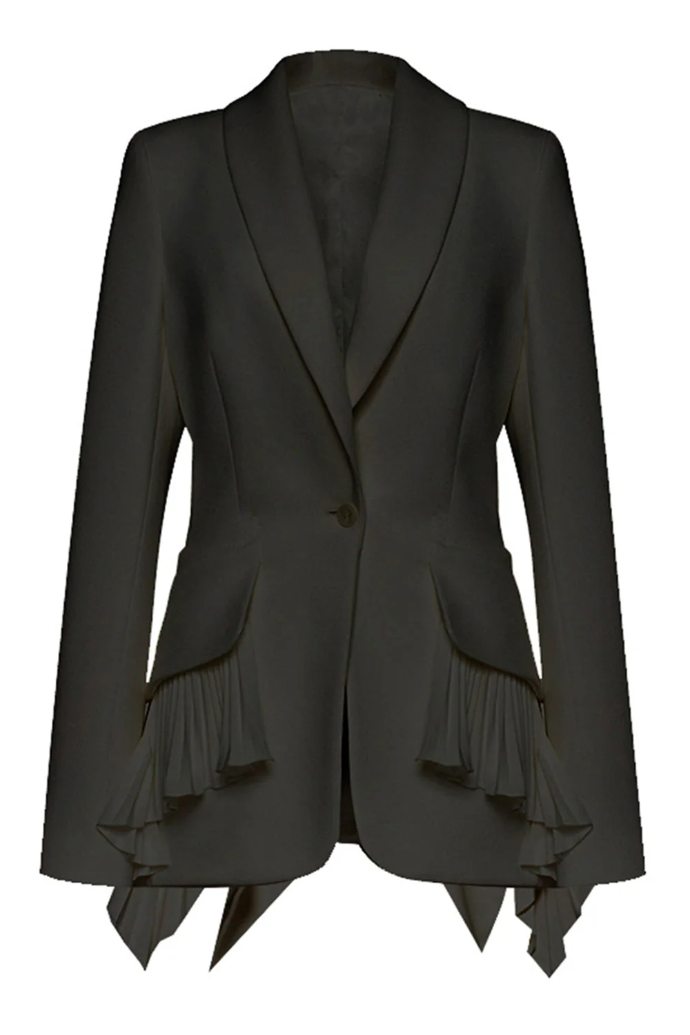Black Long Sleeves Shawl Lapel Ruffled Women's Blazer - VNBITS