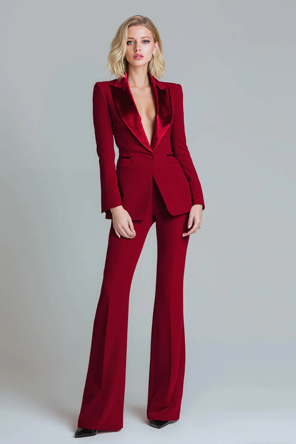 Red 2 Piece Peak Lapel Women Prom Suits with Sleeves - VNBITS