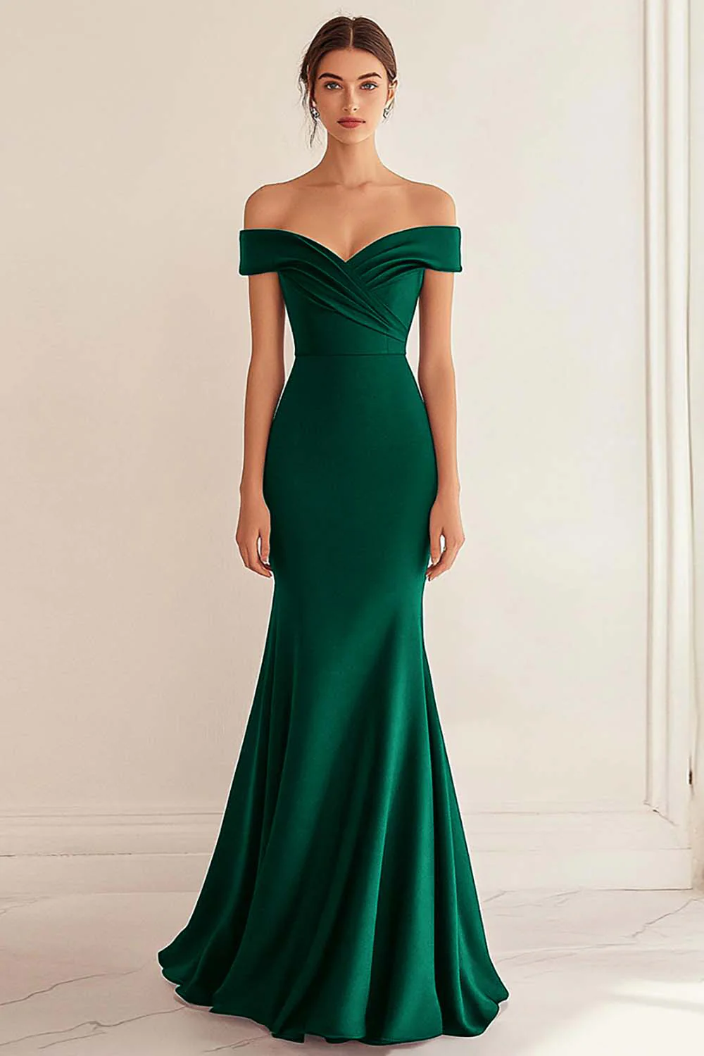 Navy Satin Off the Shoulder Sheath Long Formal Dress - VNBITS