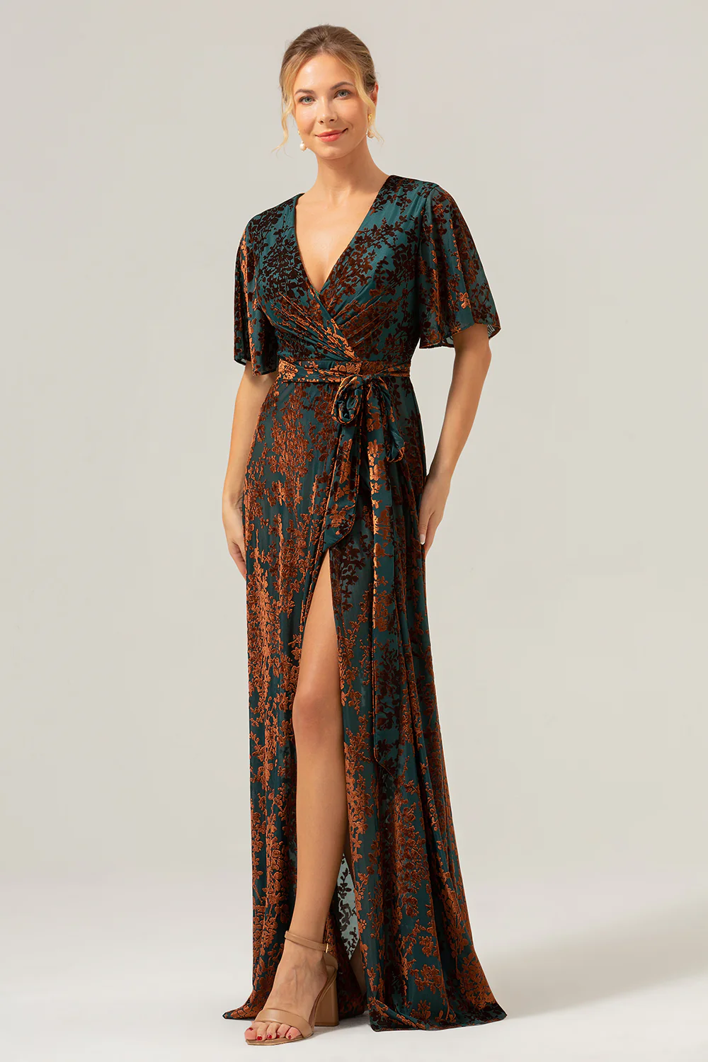 V-Neck Dark Green Mother of Bride Dress with Slit - VNBITS