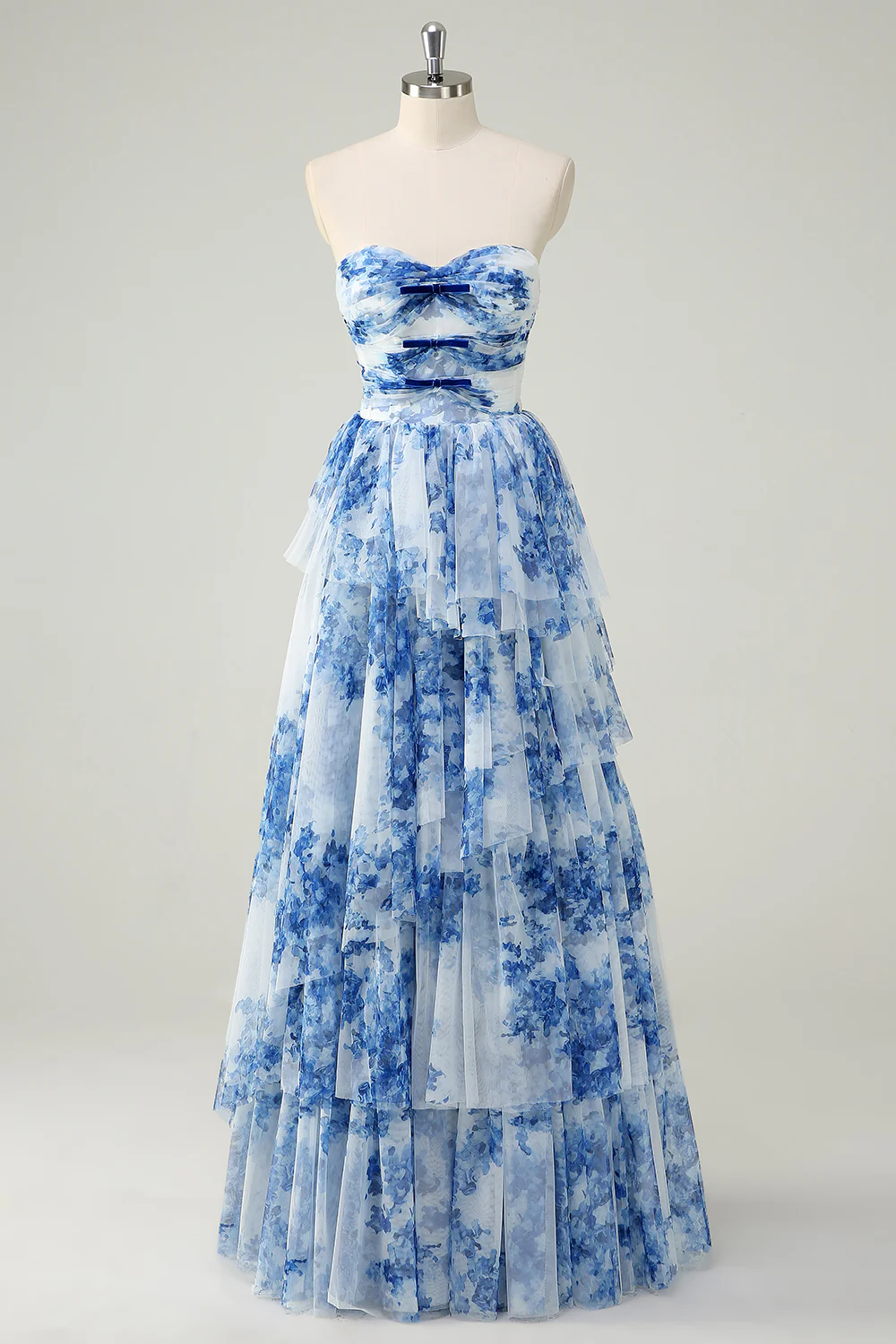 White Blue Flower Tiered Sweetheart A-Line Long Prom Dress - VNBITS