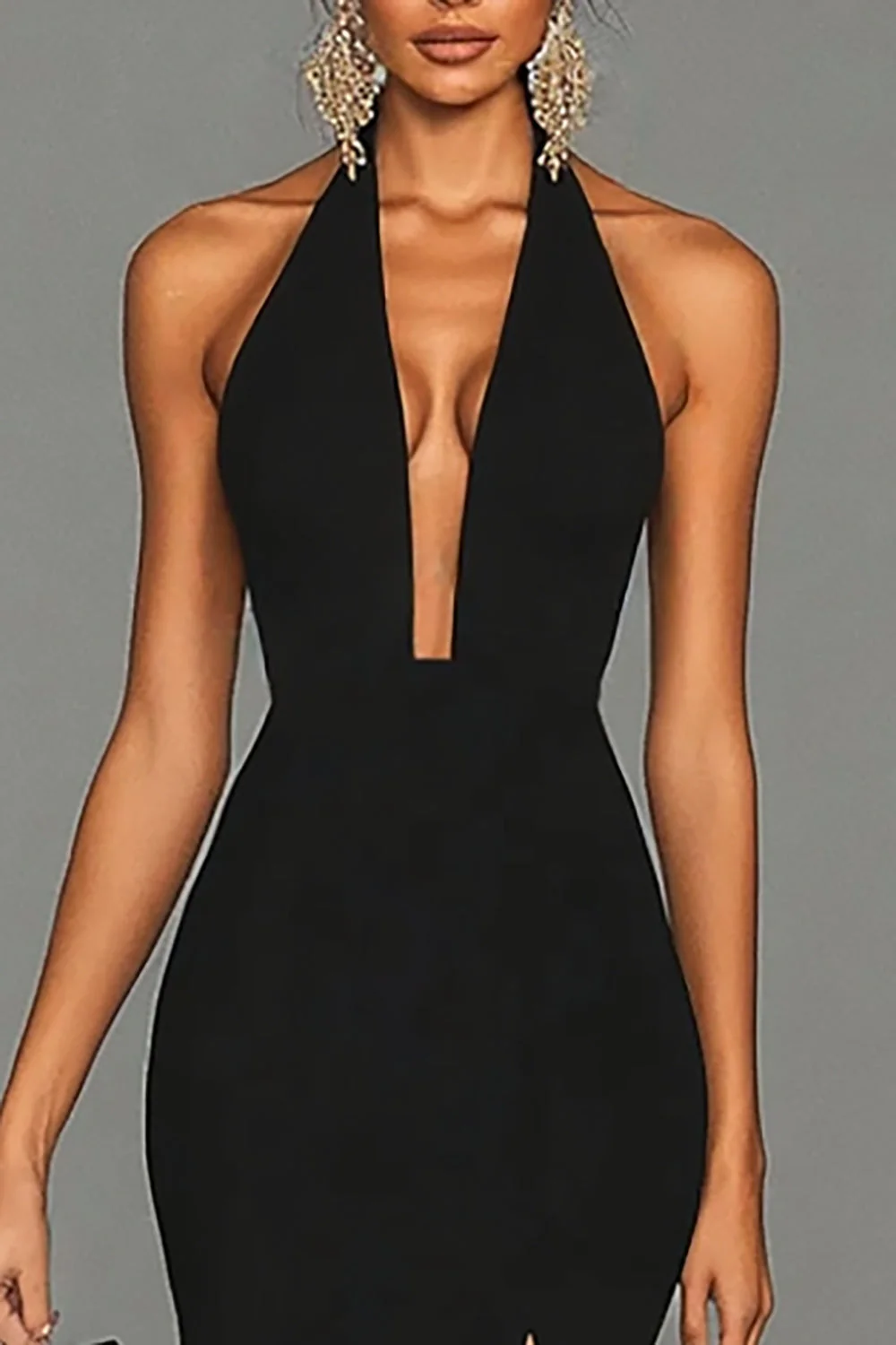 Black Mermaid Halter Neck Long Satin Formal Dress with Slit - VNBITS