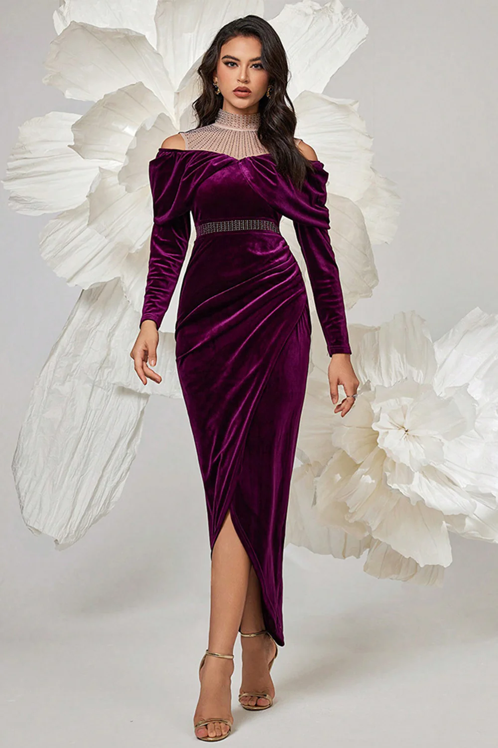 Dark Purple Velvet Bodycon High Neck Ruched Long Sleeves Prom Dress - VNBITS