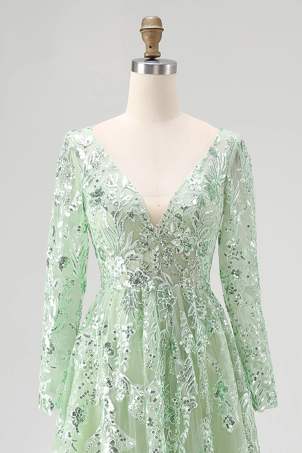 Dusty Sage Lace Applique Tulle V Neck Prom Dress with Long Sleeves - VNBITS