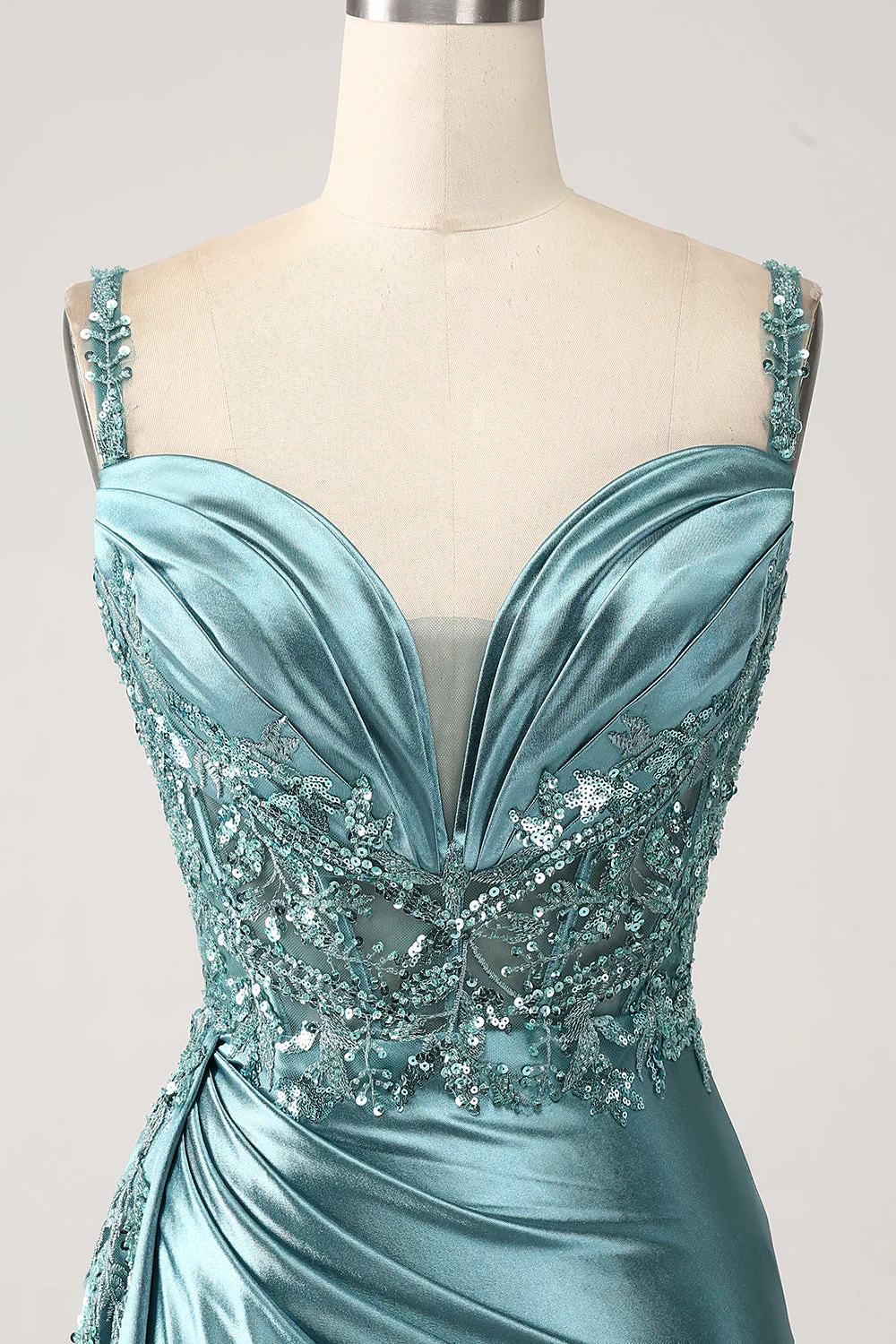 Blue Mermaid V-Neck Satin Long Appliques Sequin Prom Dress With Slit - VNBITS