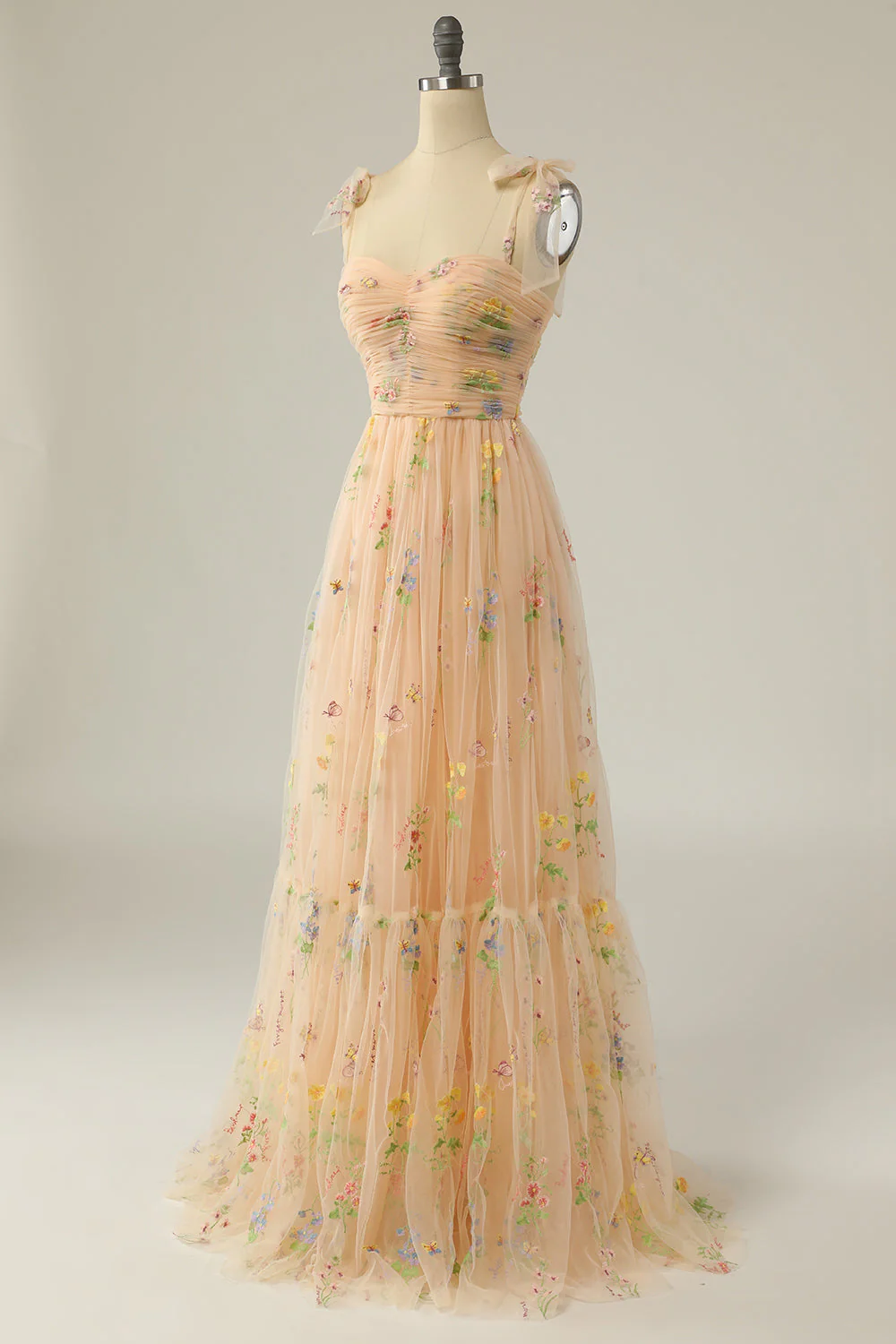 Champagne Embroidery Long Prom Dress - VNBITS