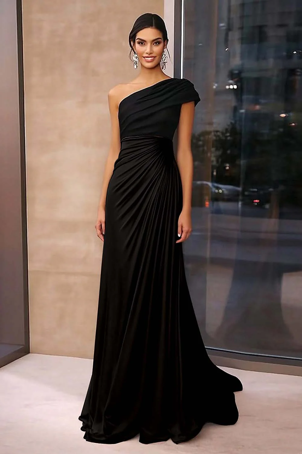 Brown Crepe Sheath Ruched One Shoulder Gala Dress - VNBITS