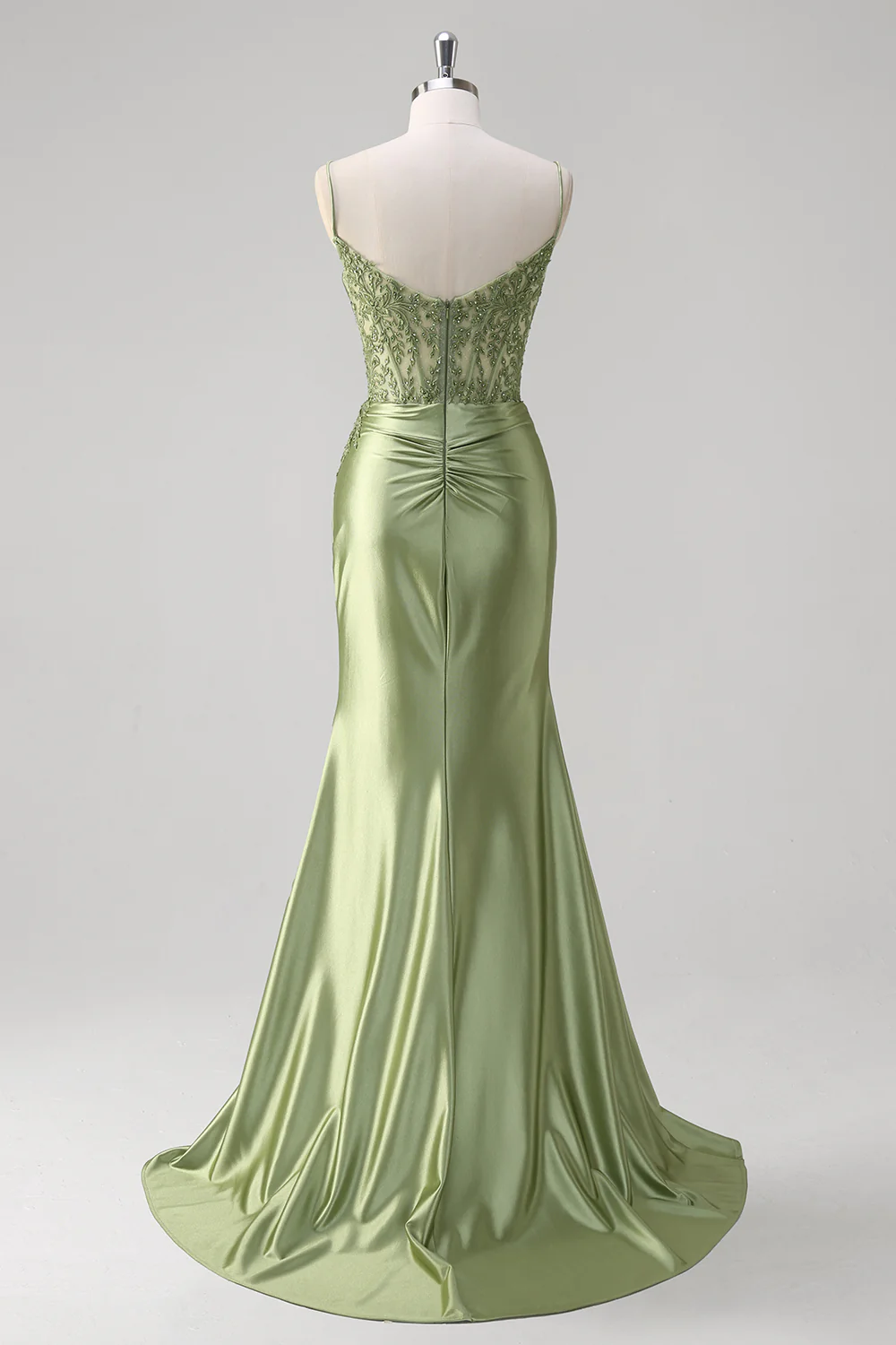 Green Mermaid Applique Spaghetti Straps Corset Long Prom Dress with Slit - VNBITS