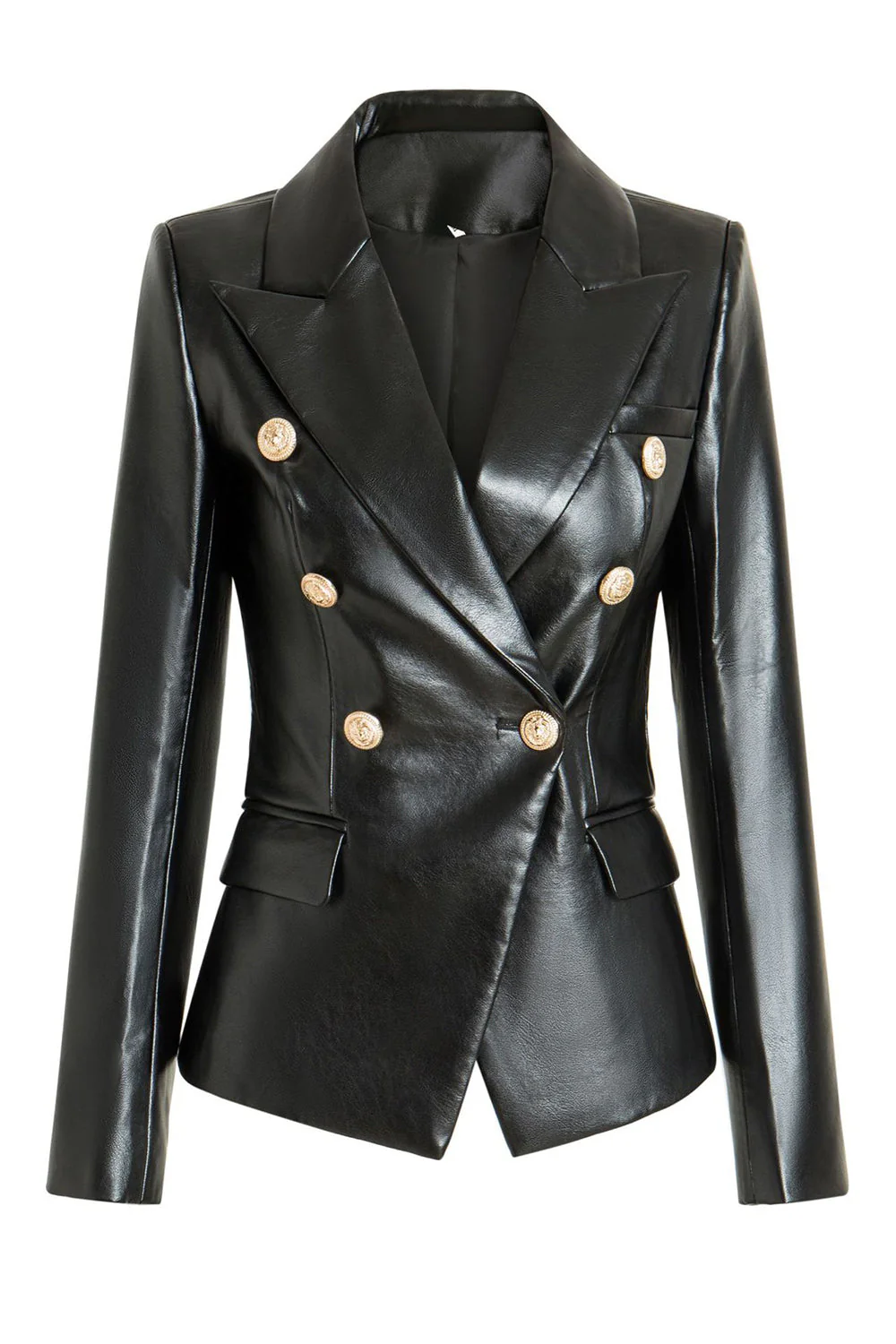 Black PU Double Breasted Women Blazer - VNBITS