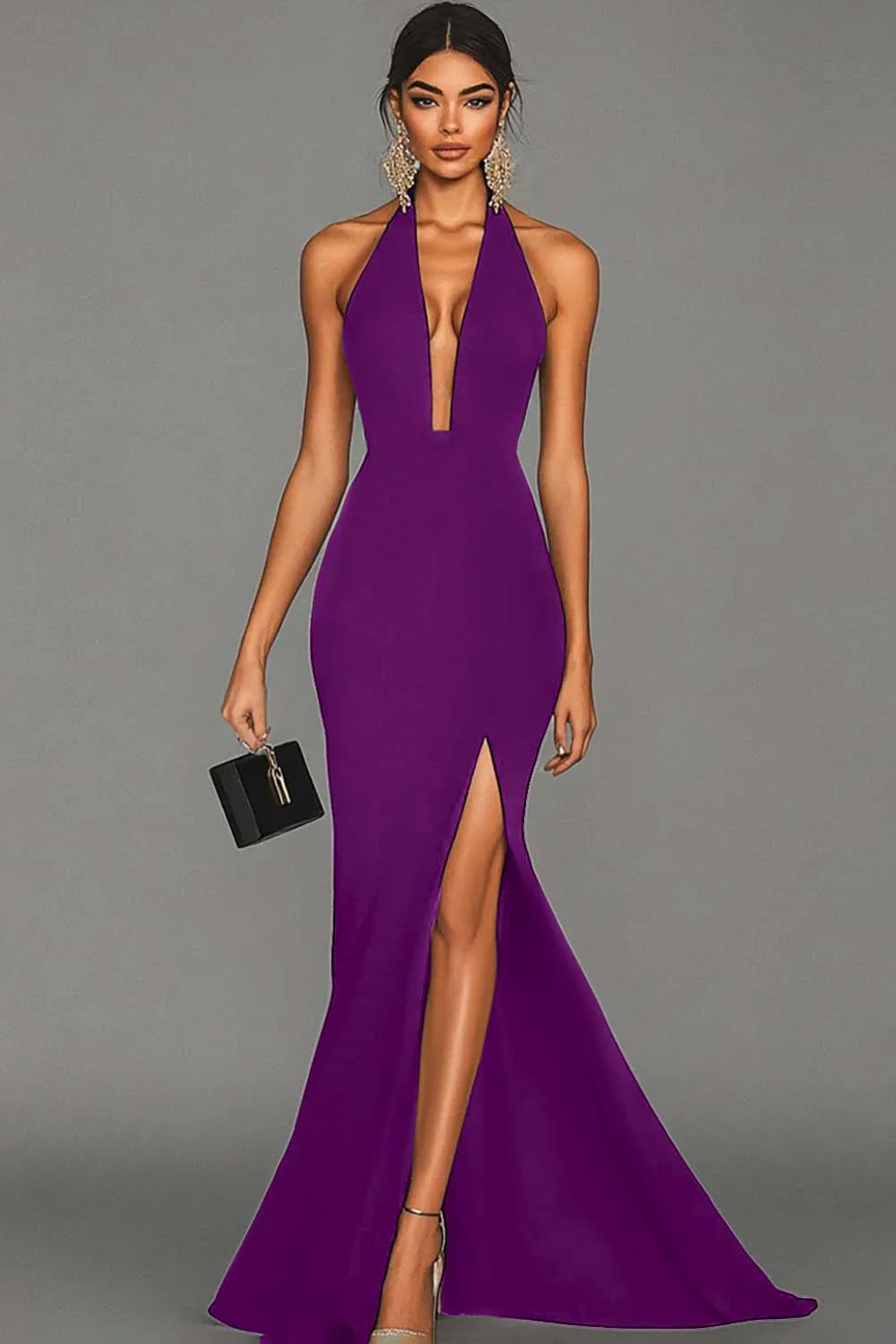 Black Mermaid Halter Neck Long Satin Formal Dress with Slit - VNBITS