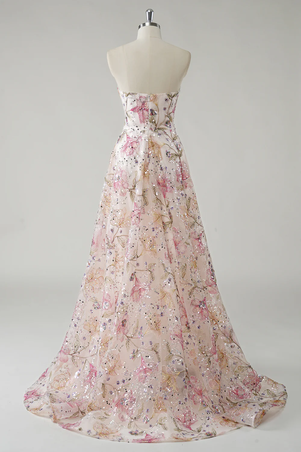 Sparkly Pink Floral A Line Strapless Long Prom Dress - VNBITS