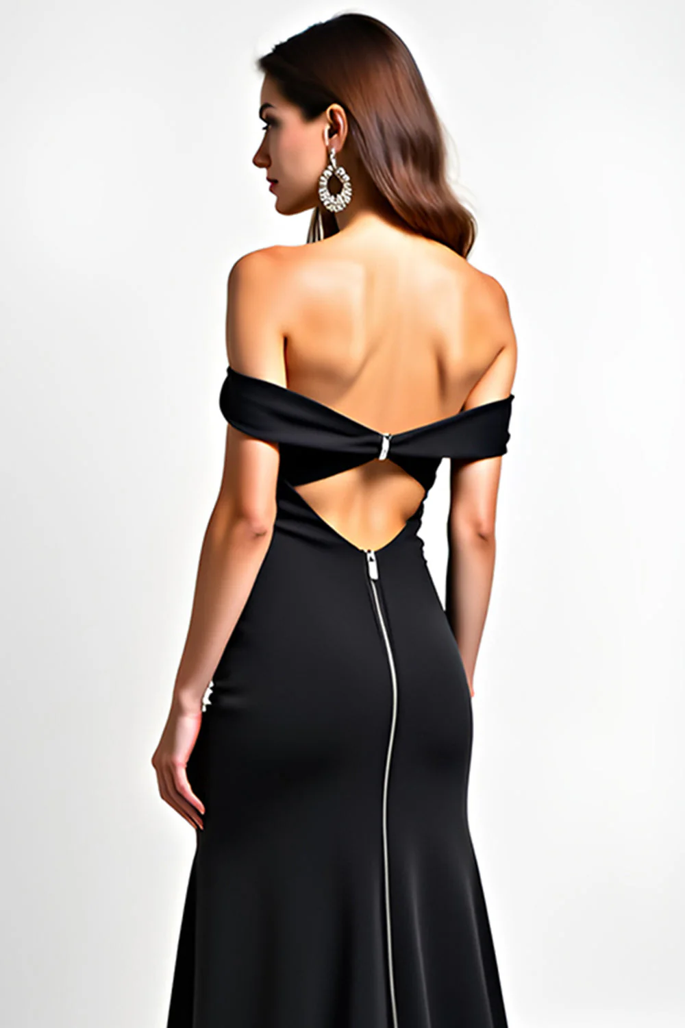 Off the Shoulder Black Mermaid Long Cut-Out Beaded Black Tie Dress - VNBITS