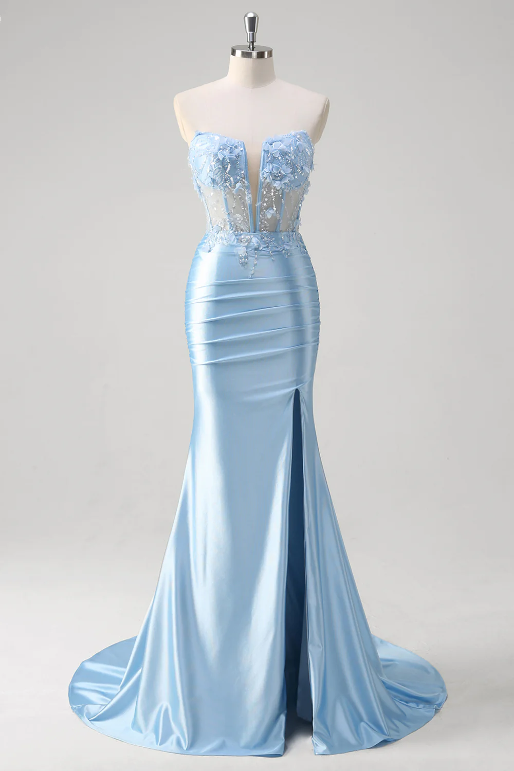 Blue Mermaid Beaded Applique Hollow Out Long Prom Dress with Slit - VNBITS