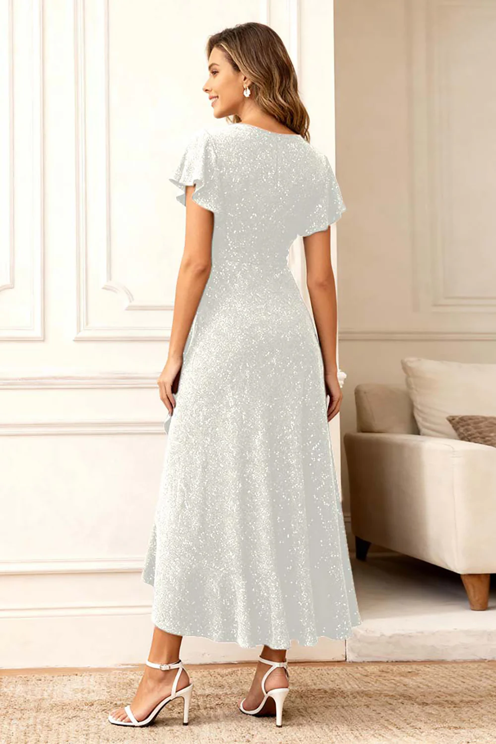 Black Round Neck Midi Glitter Holiday Party Dress with Sleeves - VNBITS