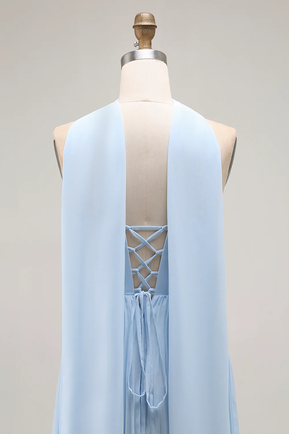 Sky Blue A Line Neck Scarf Pleated Long Bridesmaid Dress - VNBITS