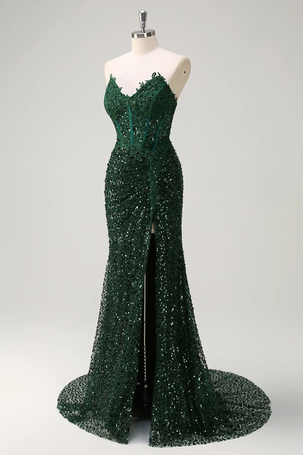 Dark Green Floral Sequined Mermaid Strapless Long Prom Dress with Slit - VNBITS