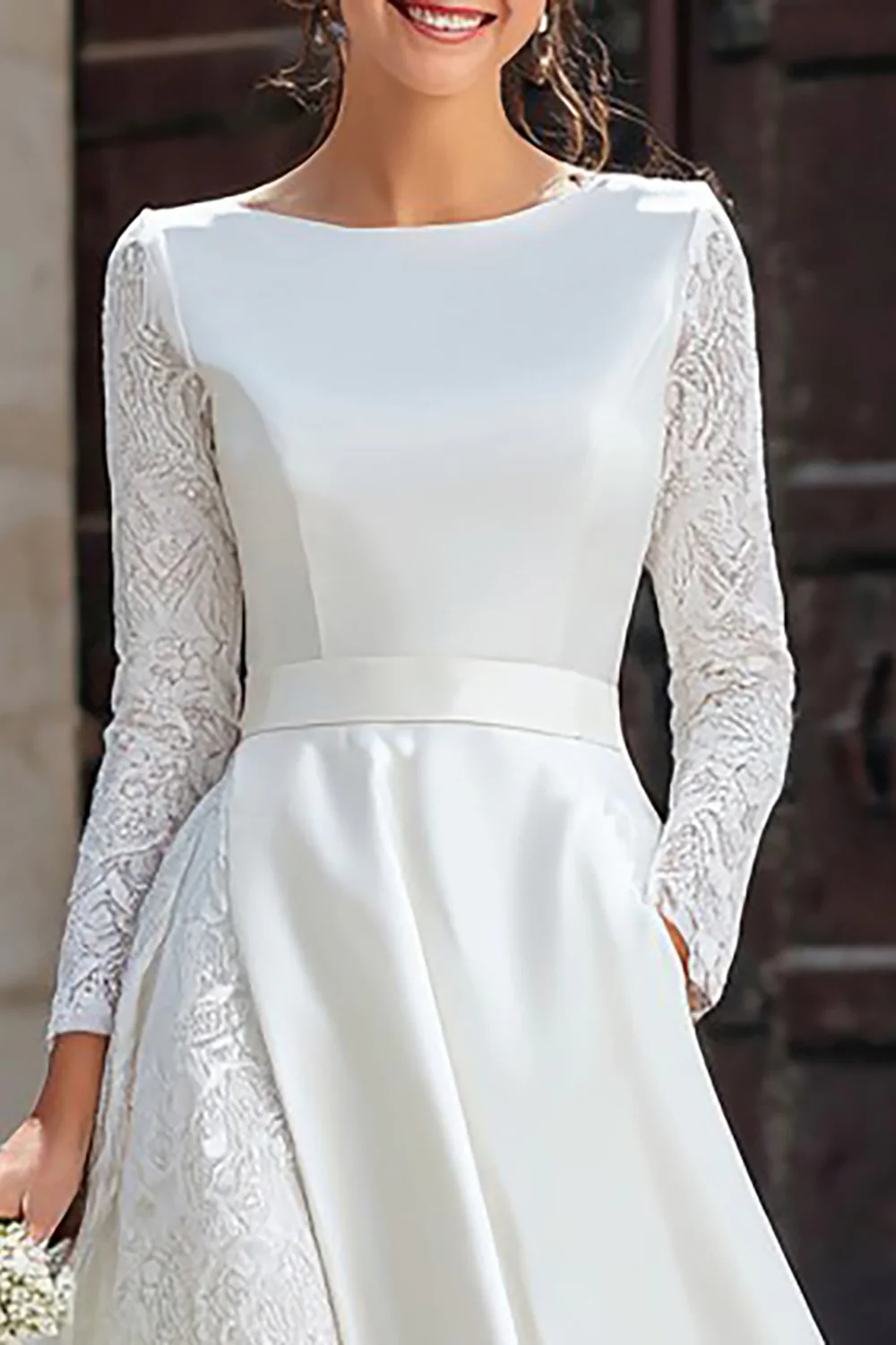 Ivory A Line Boat Neck Long Sleeves Engagement Dress with Pockets - VNBITS