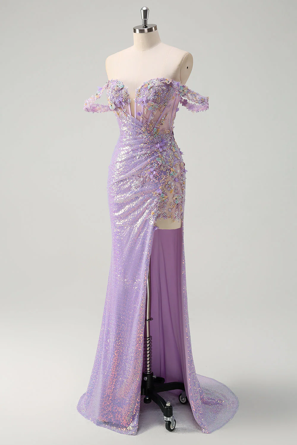Sparkly Light Purple Mermaid Off The Shoulder Sequin Prom Dress with Slit - VNBITS