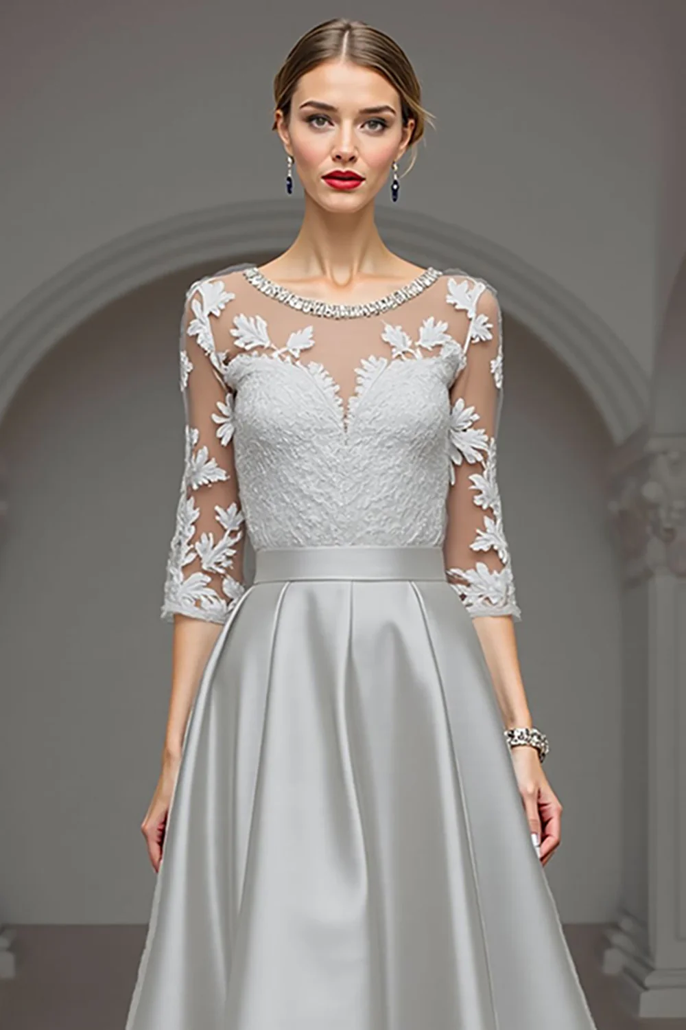 Navy A Line Long Satin Mother of the Bride Dress with Lace - VNBITS