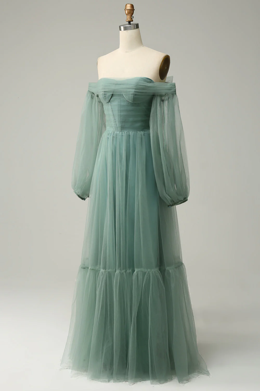 Off The Shoulder Grey Green A-Line Tull Prom Dress With Long Sleeves - VNBITS