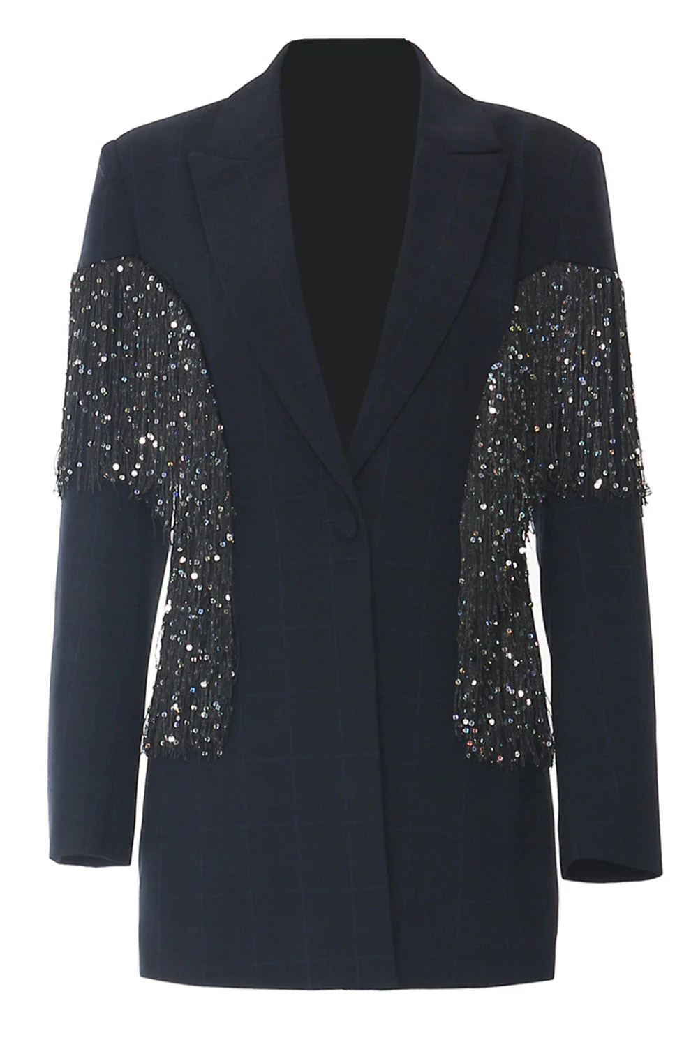 Sparkly Navy Peak Lapel Women Blazer with Fringes - VNBITS