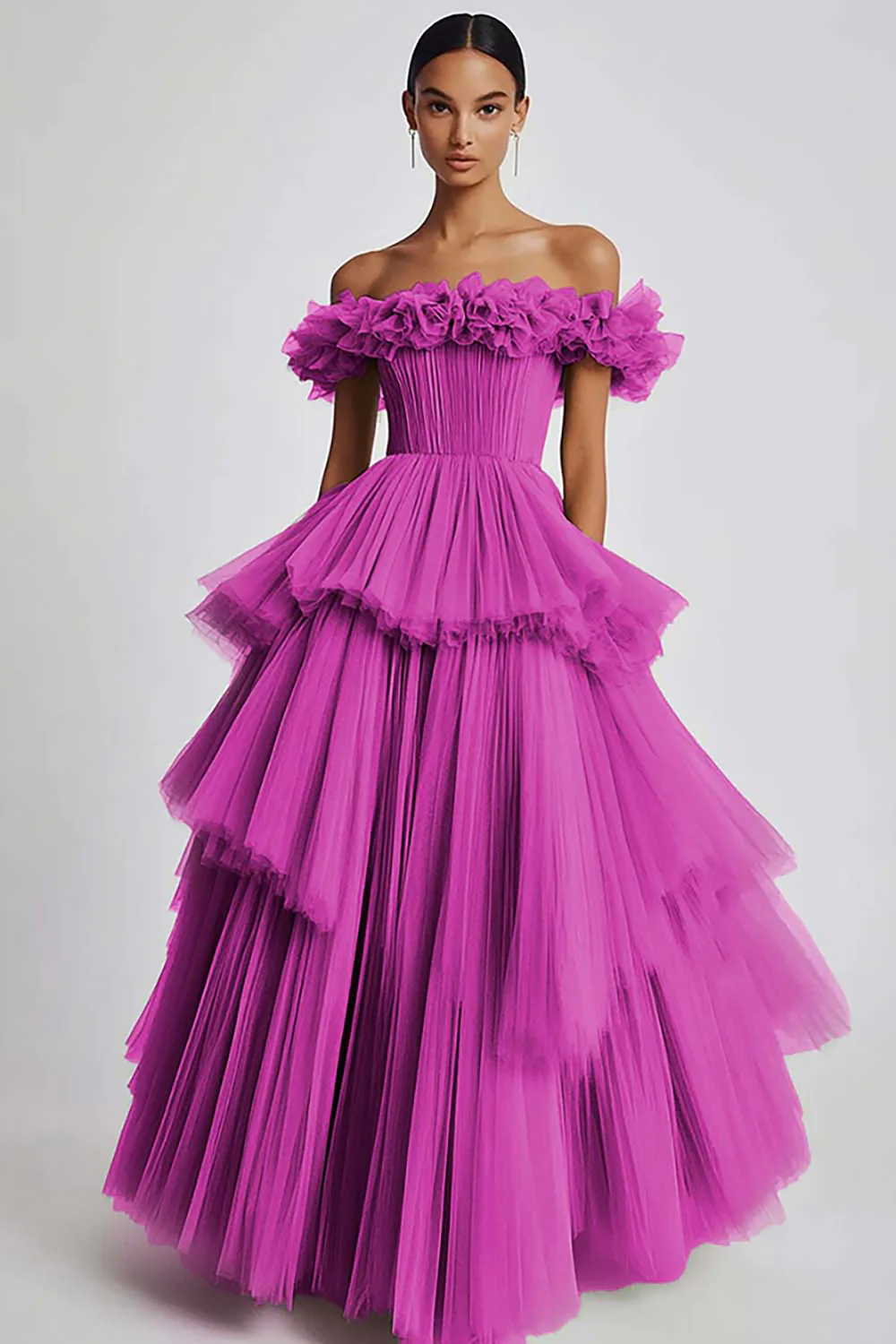Dusty Sage Tulle Off the Shoulder Long Formal Dress with Ruffles - VNBITS