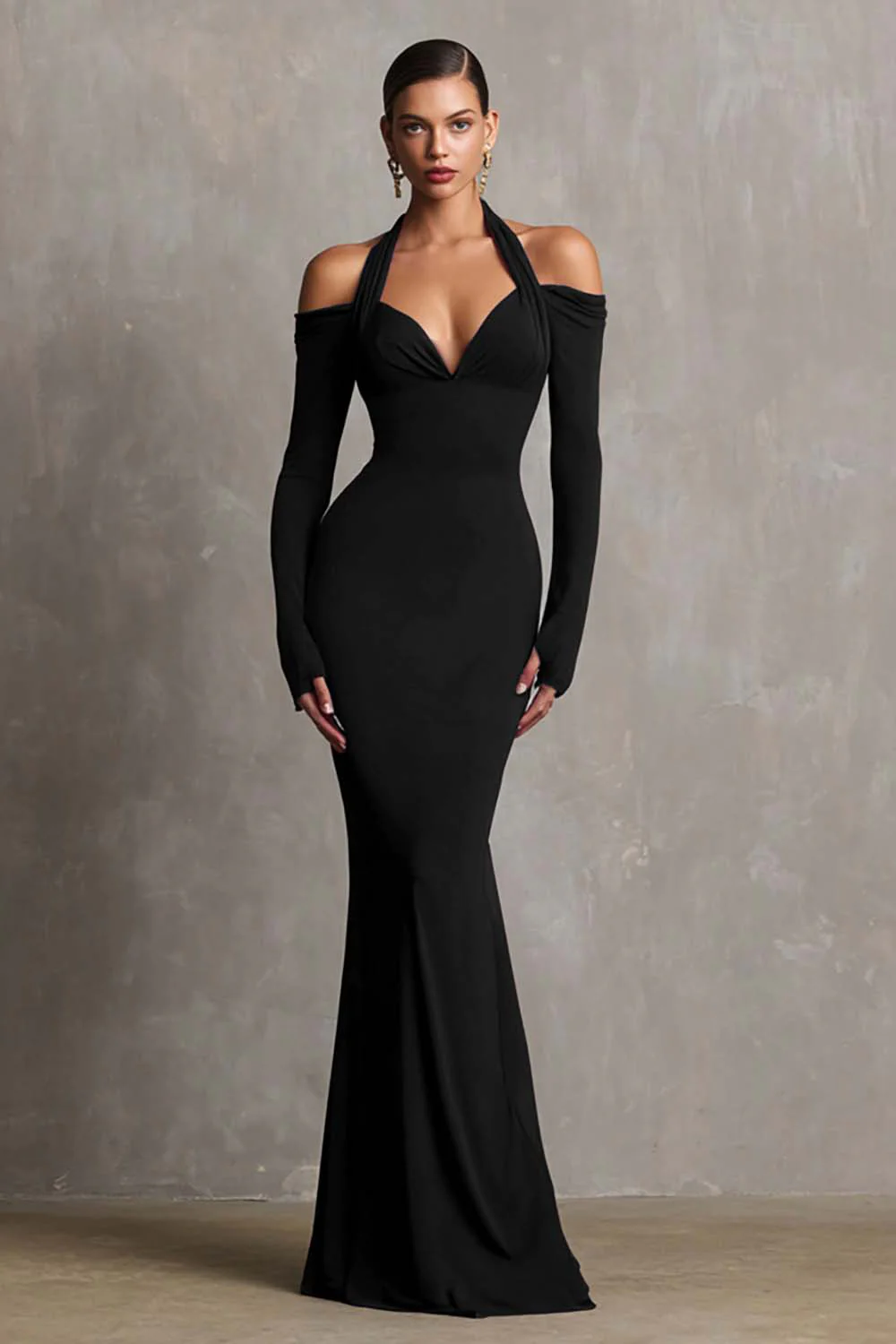 Burgundy Mermaid Halter Long Sleeves Long Formal Dress - VNBITS