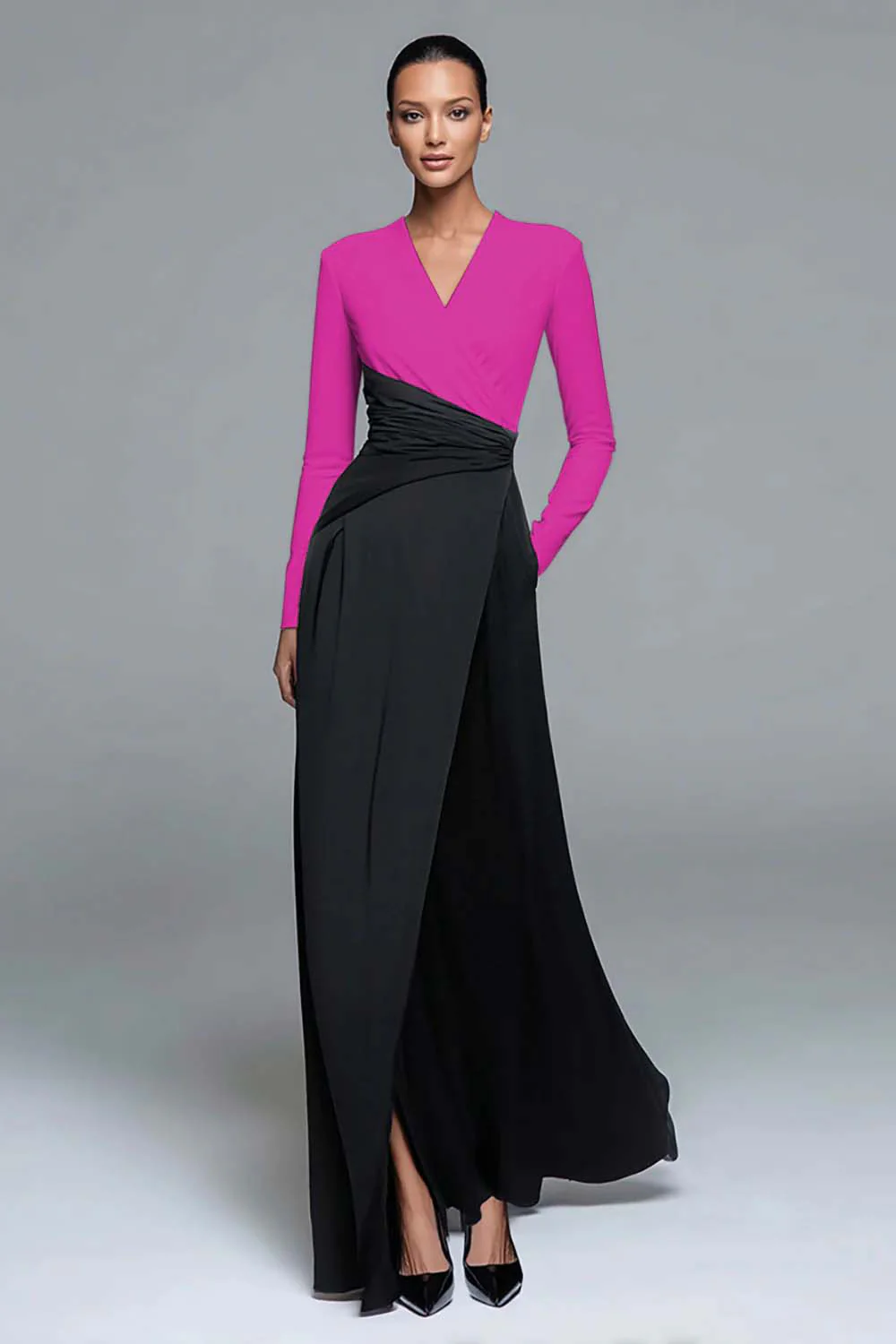 Black and White Patchwork Long Formal Dress with Pockets - VNBITS