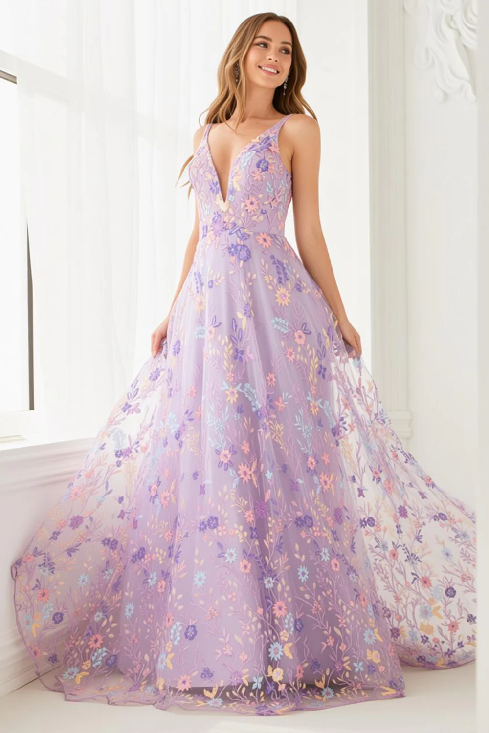 Lilac Floral A Line Embroidered V-Neck Long Prom Dress - VNBITS