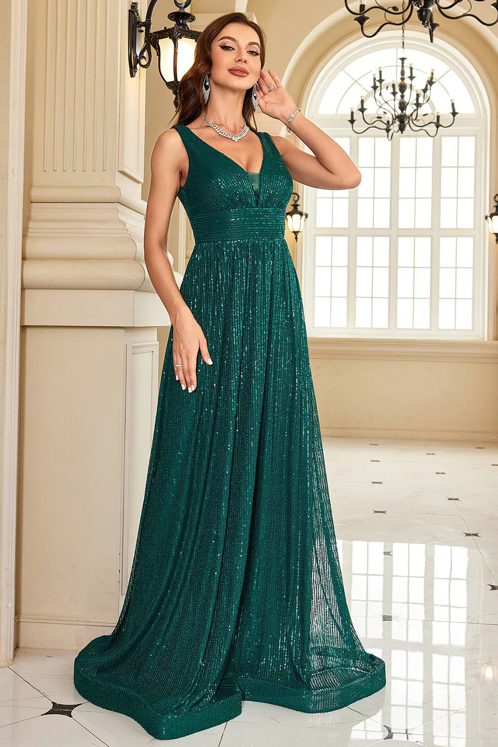 Sequins A Line V-neck Dark Green Formal Dress - VNBITS