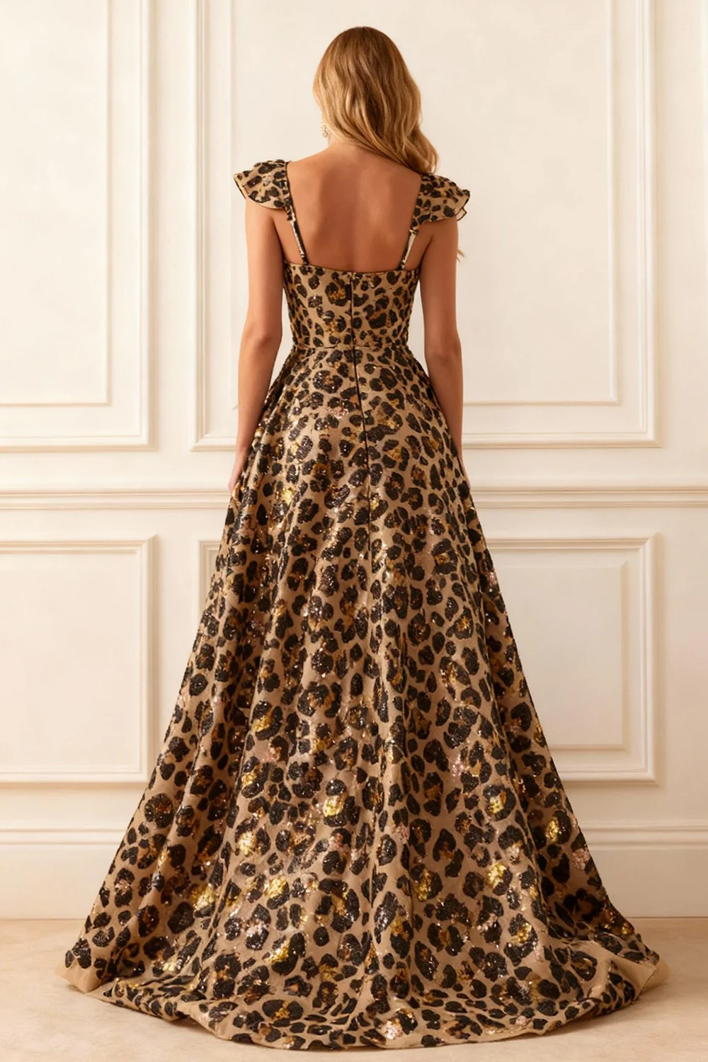 Sparkly Khaki Leopard A Line Long Corset Prom Dress with Slit - VNBITS