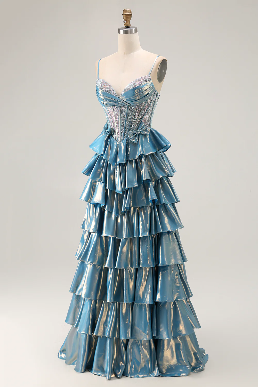 Sparkly Blue Ruffled Metallic Corset Beaded Long Prom Dress with Bow - VNBITS