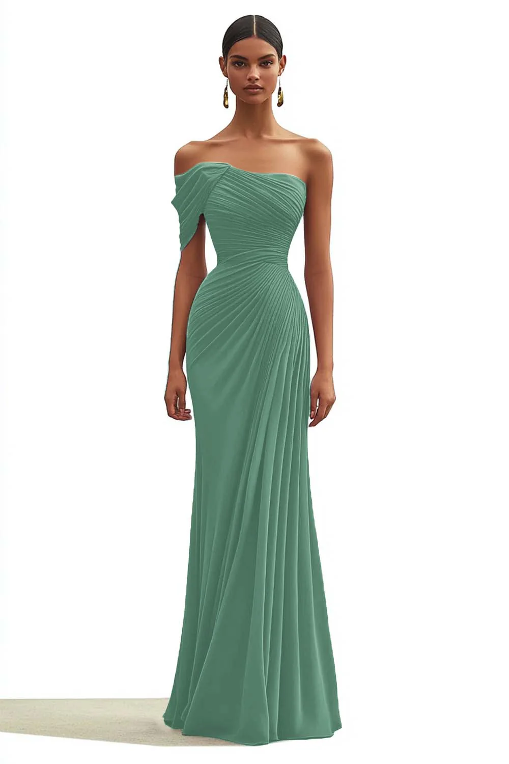 Mermaid Dusty Sage One Shoulder Long Formal Dress with Pleated - VNBITS