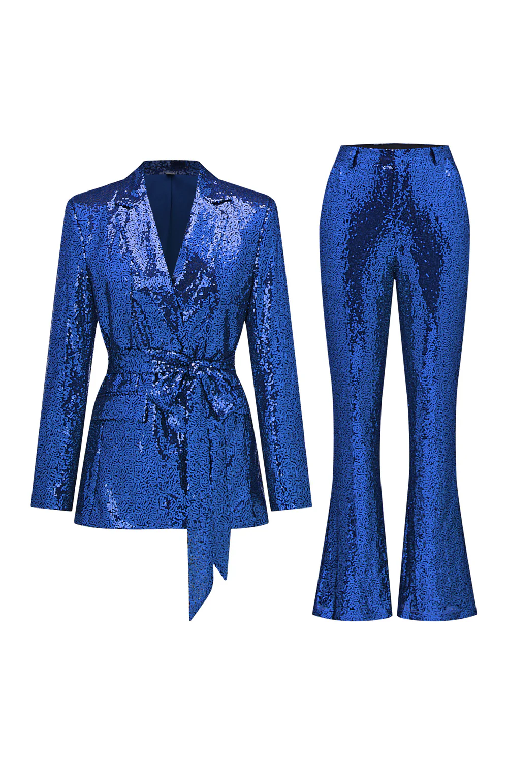 Sparkly Green Sequins Notched Lapel Women Suits with Belt - VNBITS