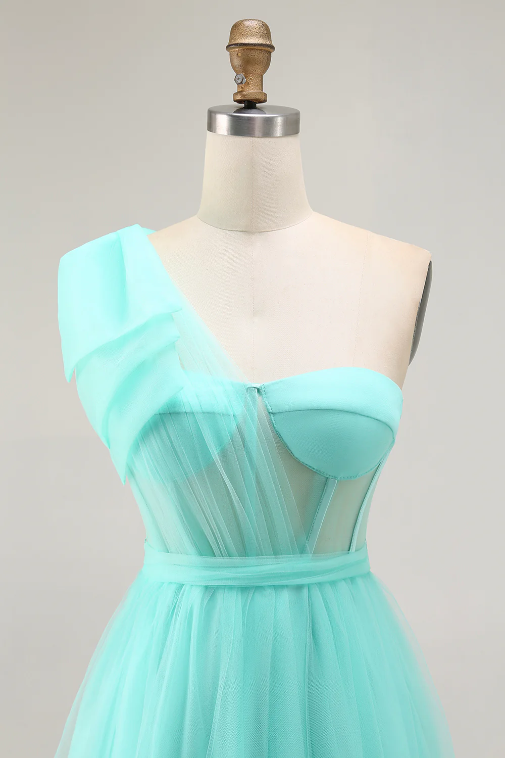 Mint Green Corset One Shoulder A Line Long Wedding Guest Dress with Slit - VNBITS