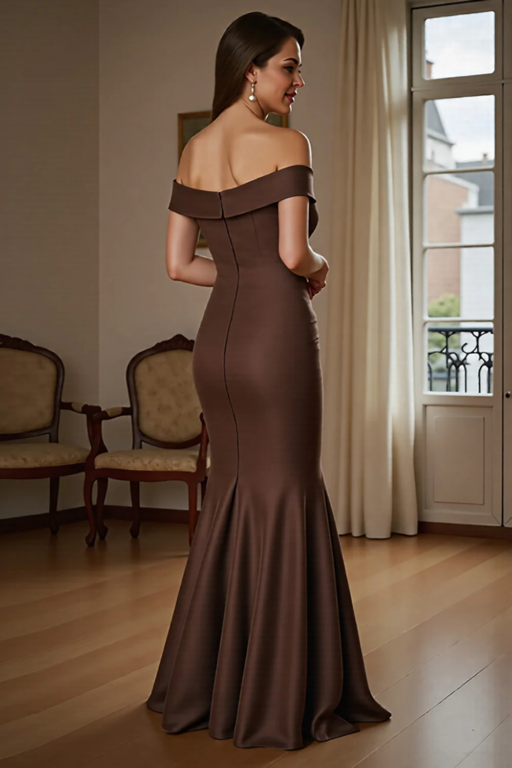 Brown Satin Off the Shoulder Long Mother of the Bride Dress with Ruched - VNBITS