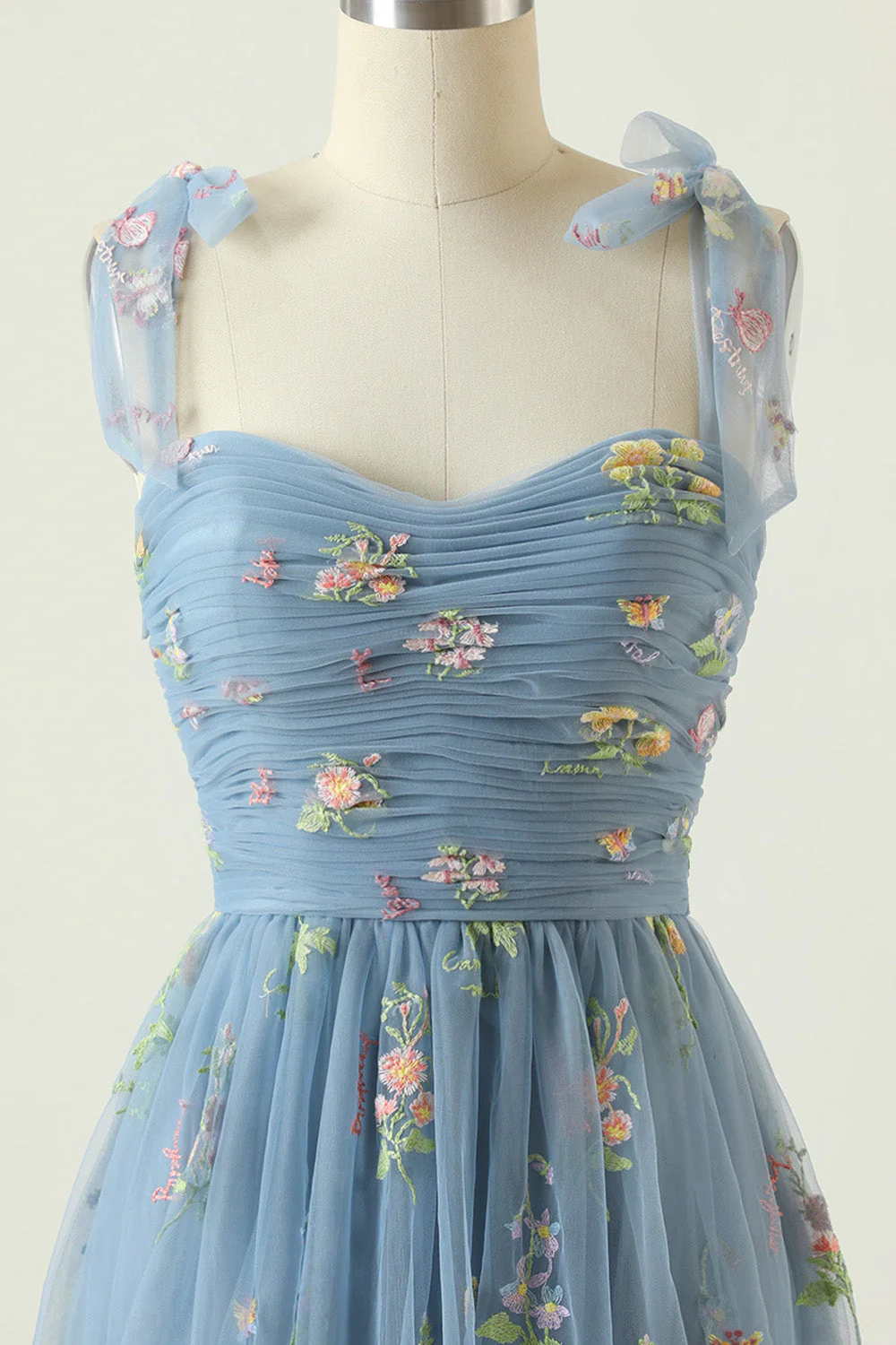 Grey Blue Long Prom Dress With Embroidery - VNBITS