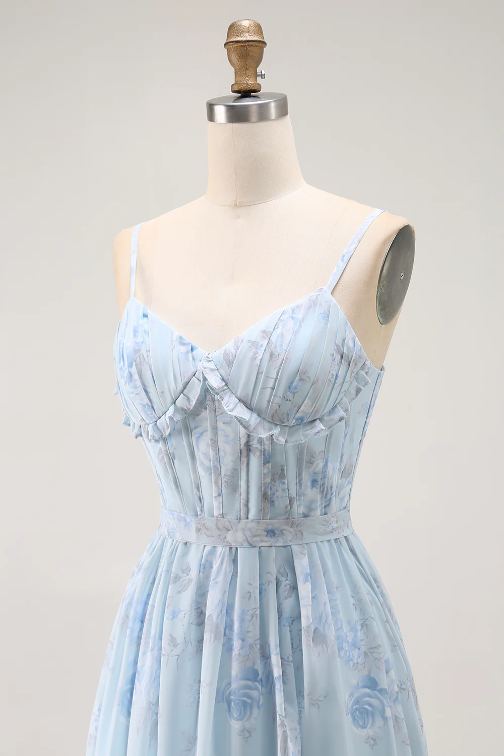 Blue A Line Floral Ruffled Long Bridesmaid Dress with Slit - VNBITS