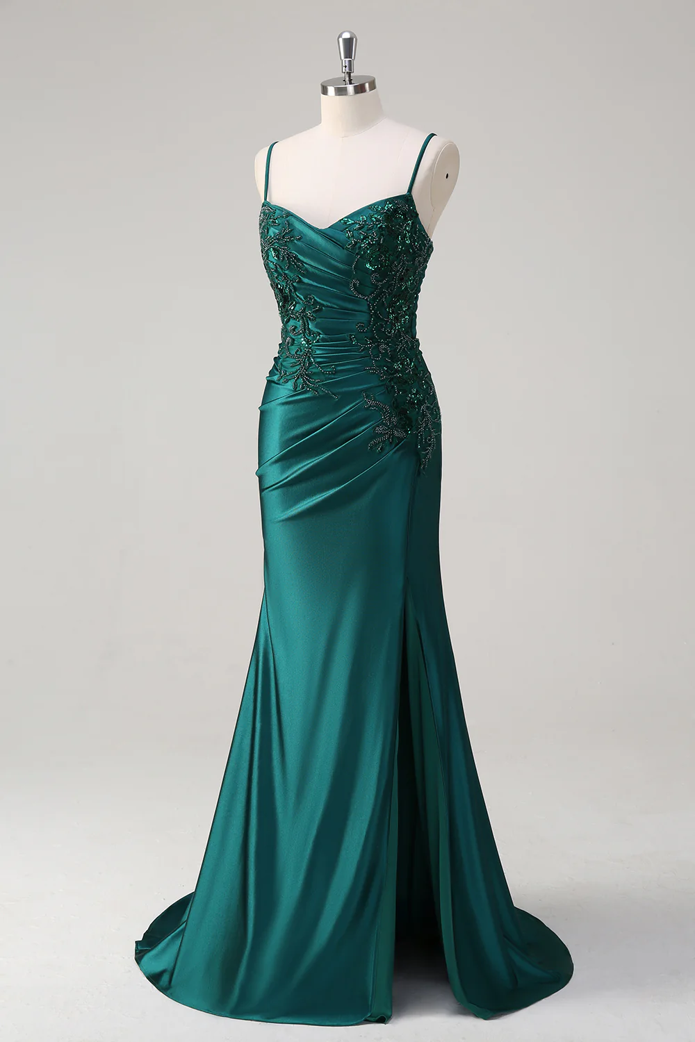 Dark Green Mermaid Applique Spaghetti Straps Long Prom Dress with Slit - VNBITS