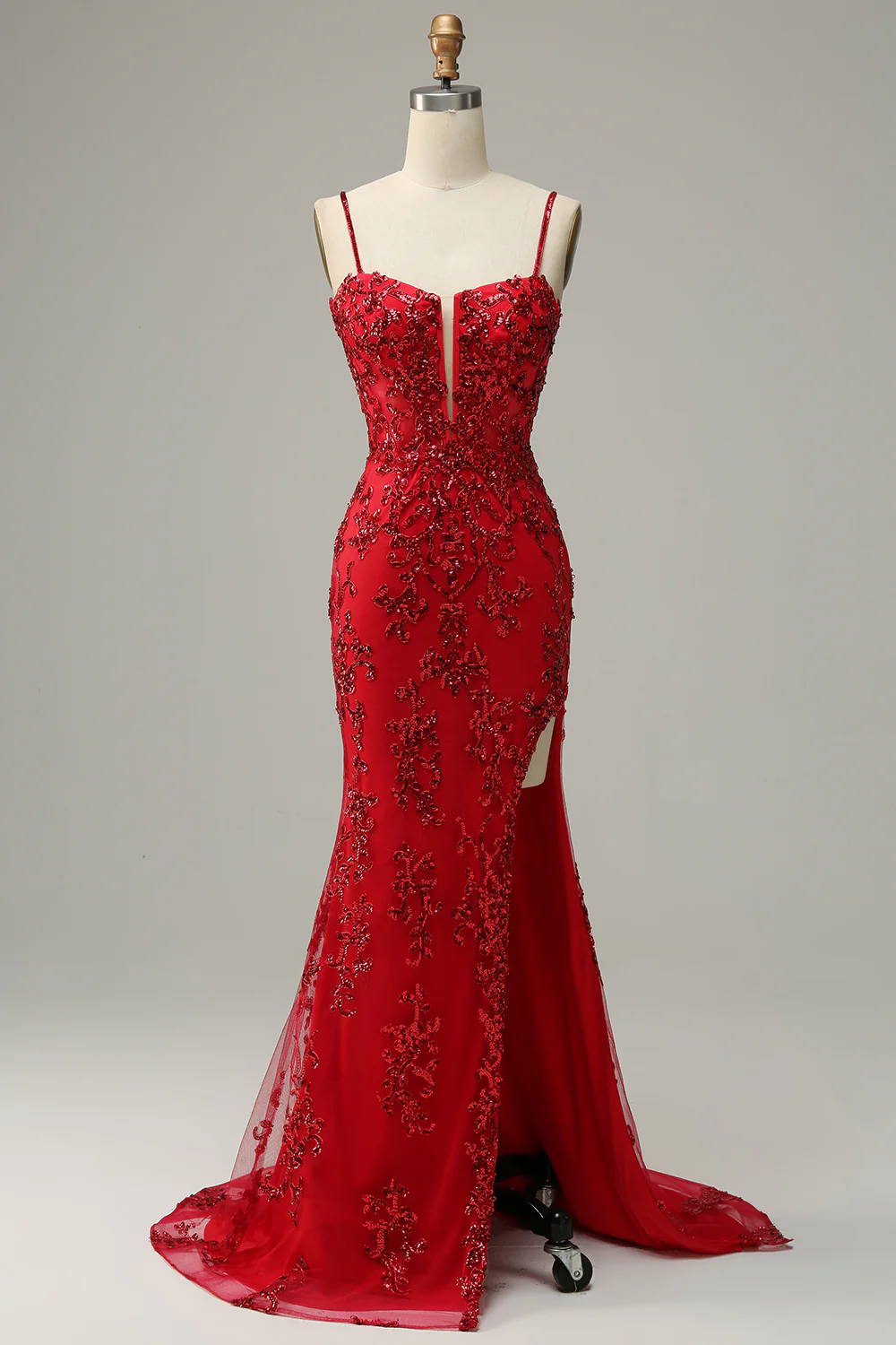 Red Spaghetti Straps Appliques Prom Dress with Slit - VNBITS